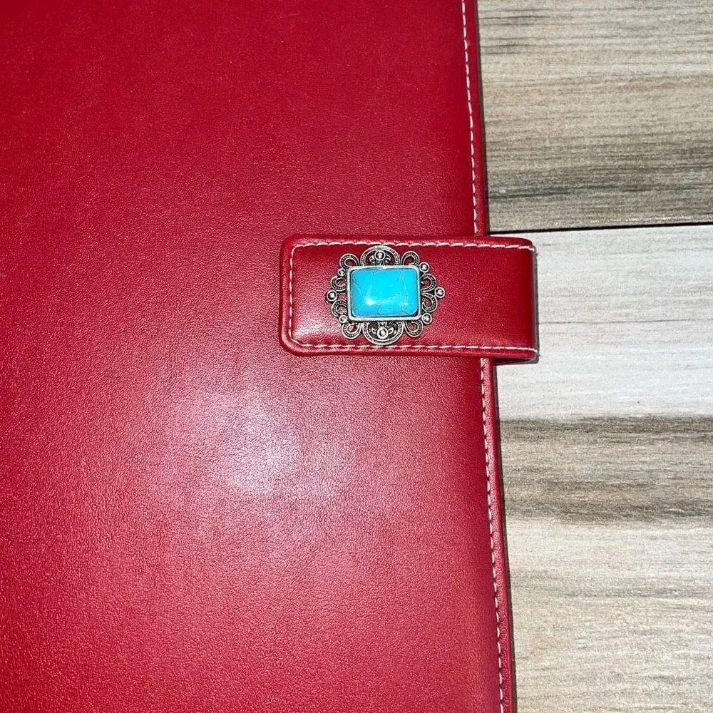 Red Profolio With Turquoise Bead Accent Trimmed ￼With White Thread NWOT